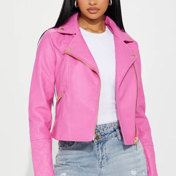 Fashion Nova Out For A Ride Vegan Leather Moto Jacket Pink Size L New - Picture 1 of 11